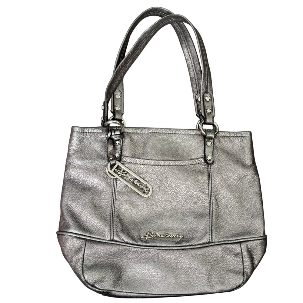 B. Makowsky‎ Metallic Silver Leather Tote Handbag Cheetah Print Lining